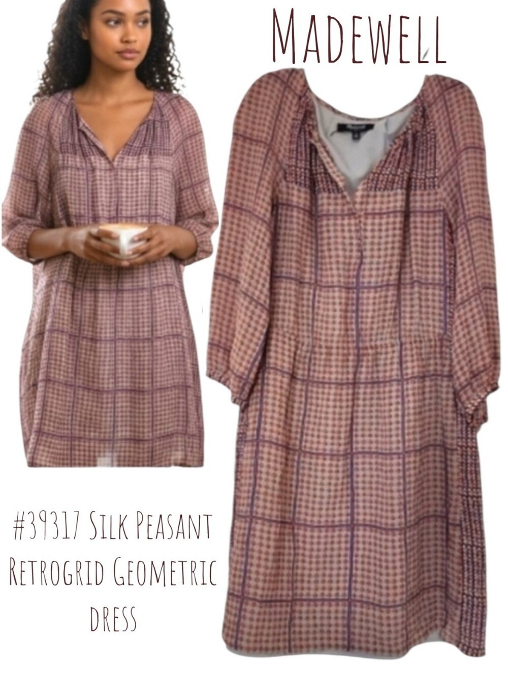 MADEWELL Retrogrid Silk Peasant Neutral Mini Geometric Dress Grey Blue Orange 0